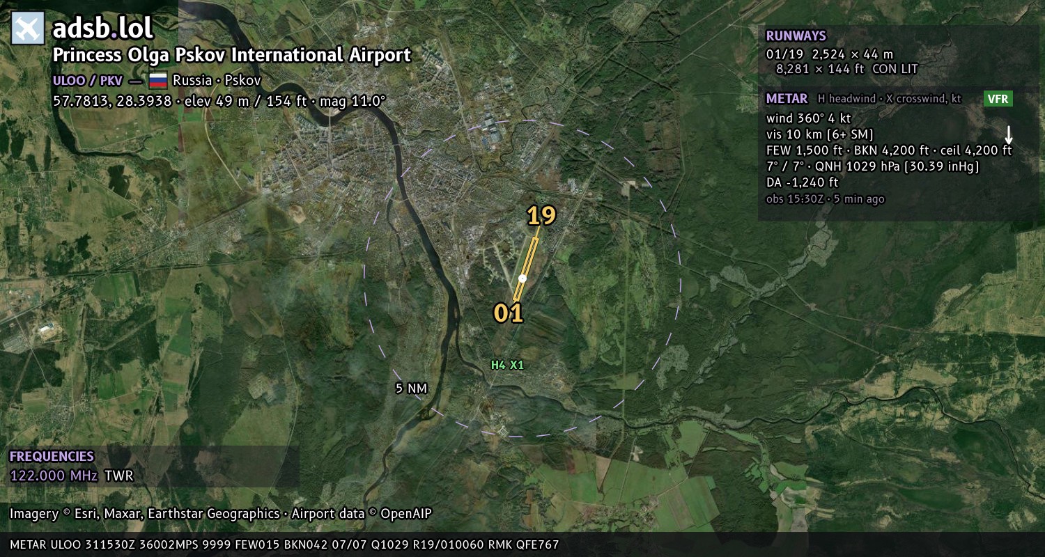 Satellite map with the runway layout of Princess Olga Pskov International Airport (ULOO)