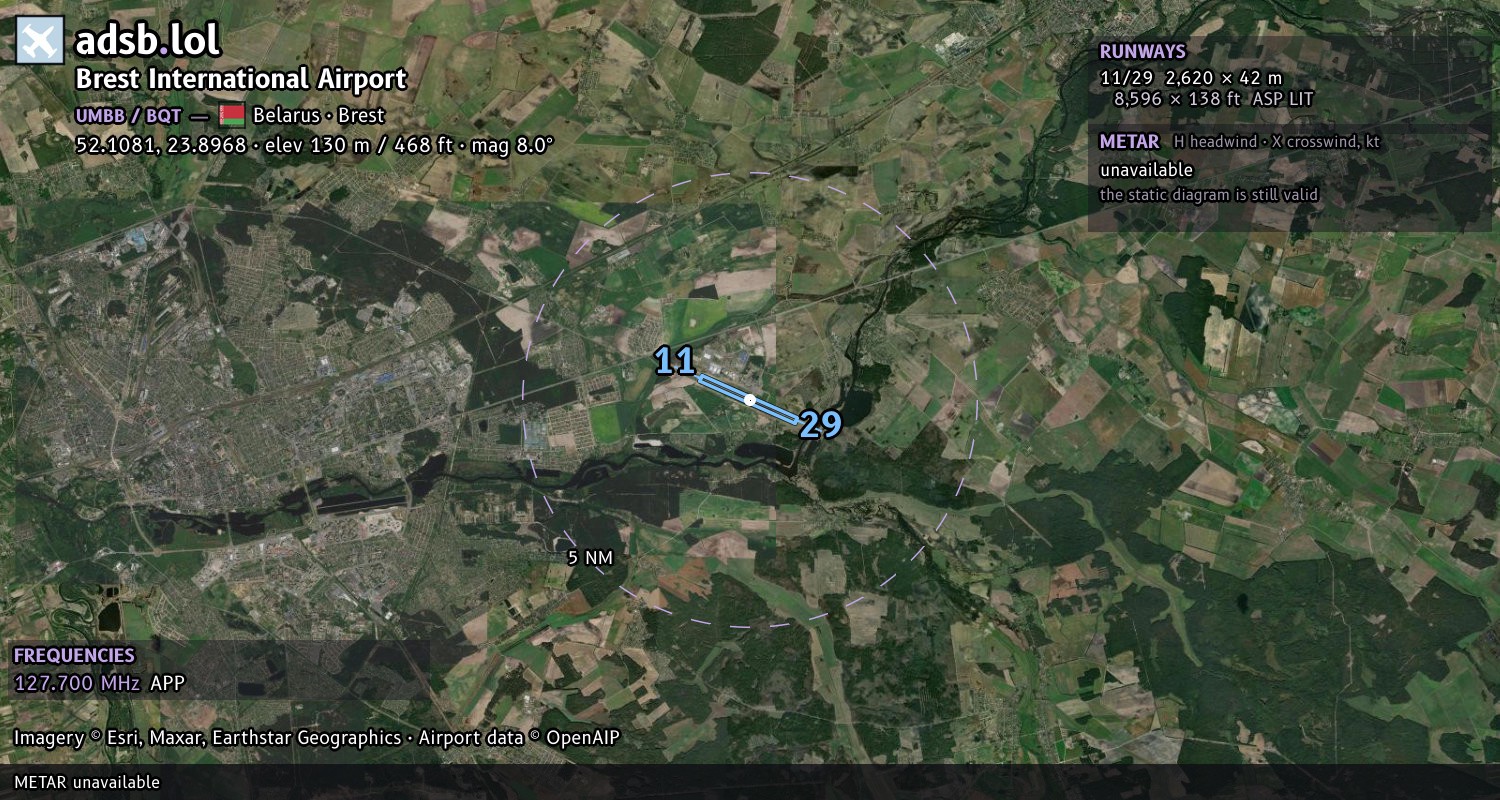 Satellite map with the runway layout of Brest International Airport (UMBB)