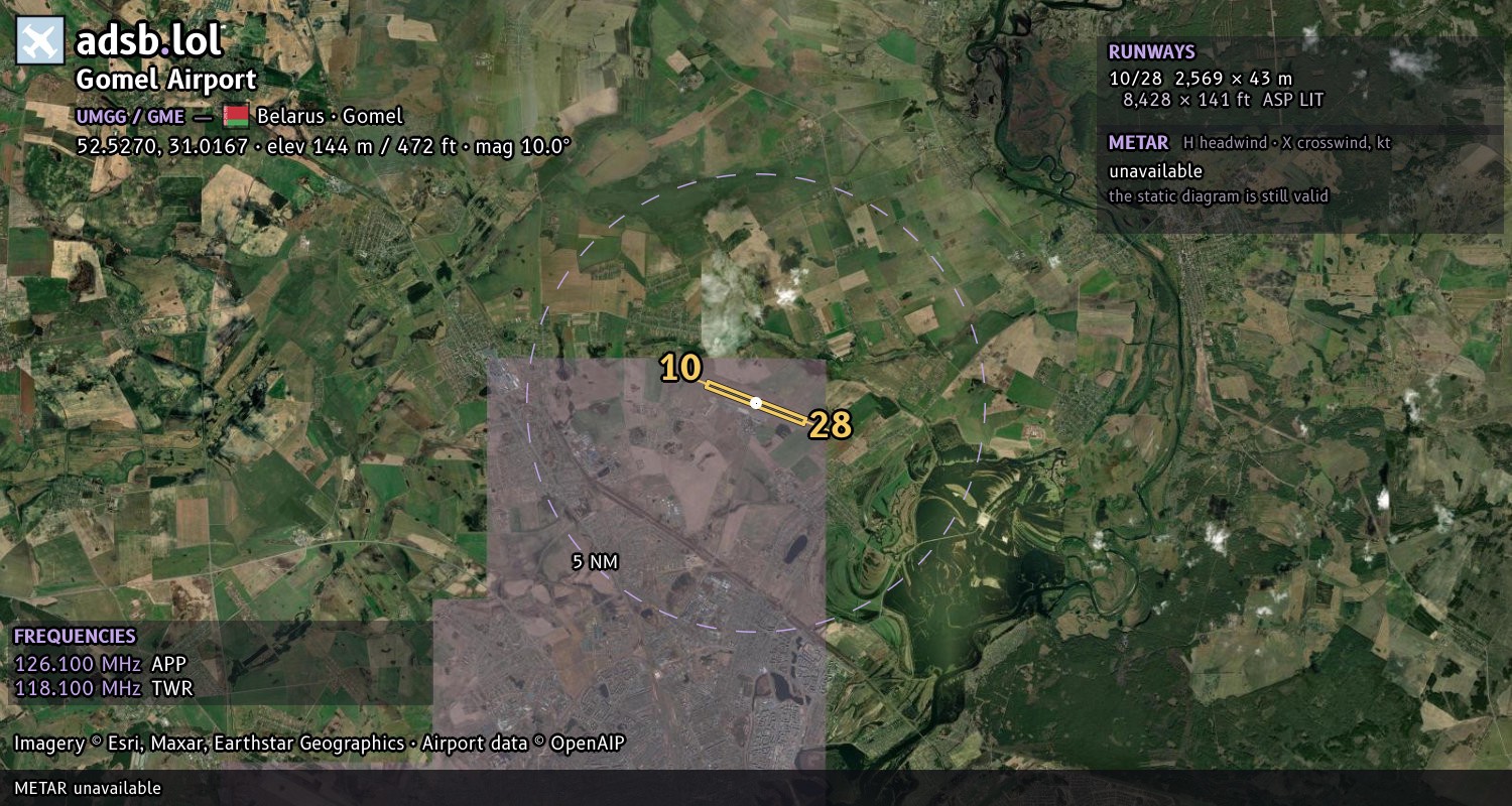 Satellite map with the runway layout of Gomel Airport (UMGG)