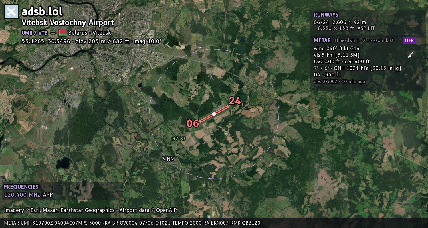Satellite map with the runway layout of Vitebsk Vostochny Airport (UMII)