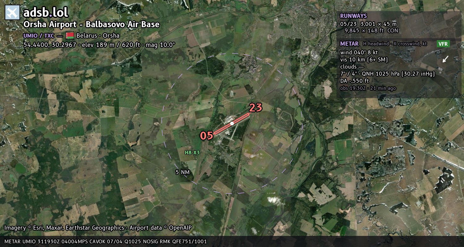 Satellite map with the runway layout of Orsha Airport - Balbasovo Air Base (UMIO)