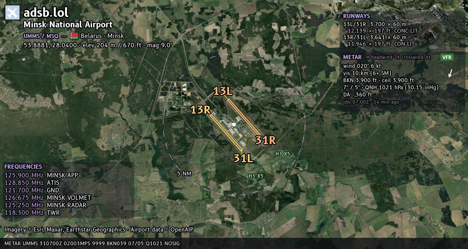Satellite map with the runway layout of Minsk National Airport (UMMS)