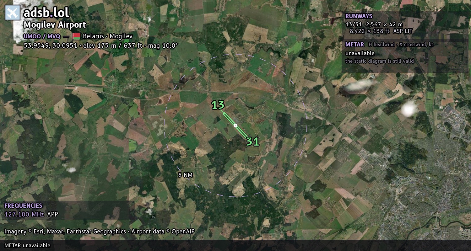 Satellite map with the runway layout of Mogilev Airport (UMOO)