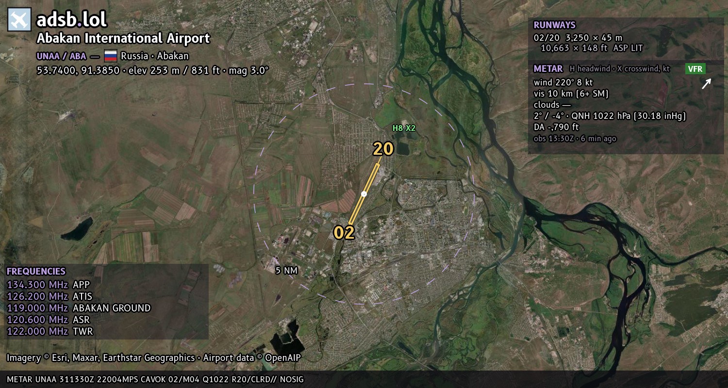 Satellite map with the runway layout of Abakan International Airport (UNAA)