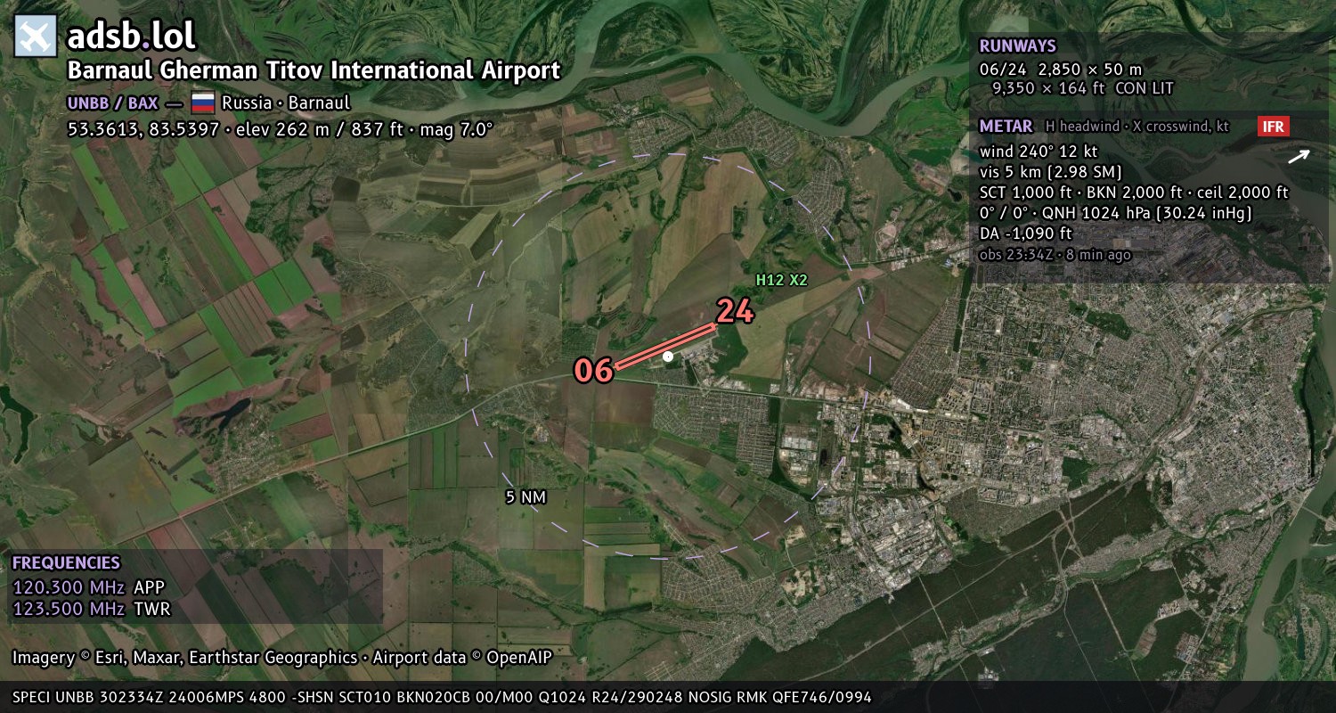 Satellite map with the runway layout of Barnaul Gherman Titov International Airport (UNBB)