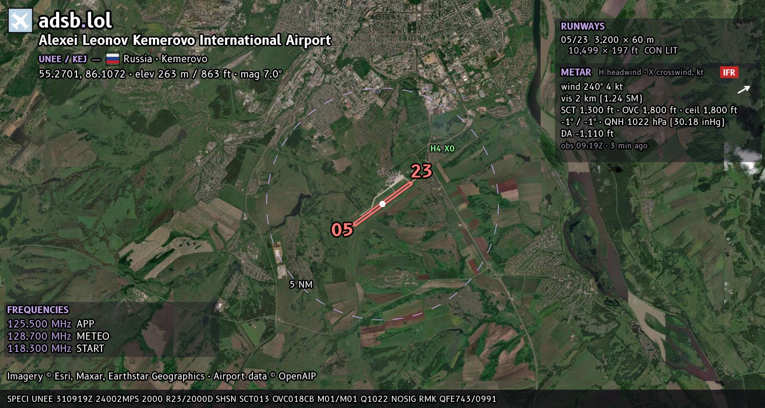 Satellite map with the runway layout of Alexei Leonov Kemerovo International Airport (UNEE)