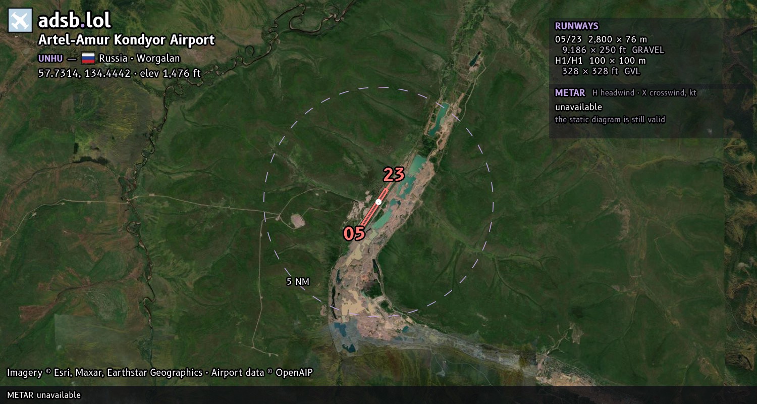 Satellite map with the runway layout of Artel-Amur Kondyor Airport (UNHU)