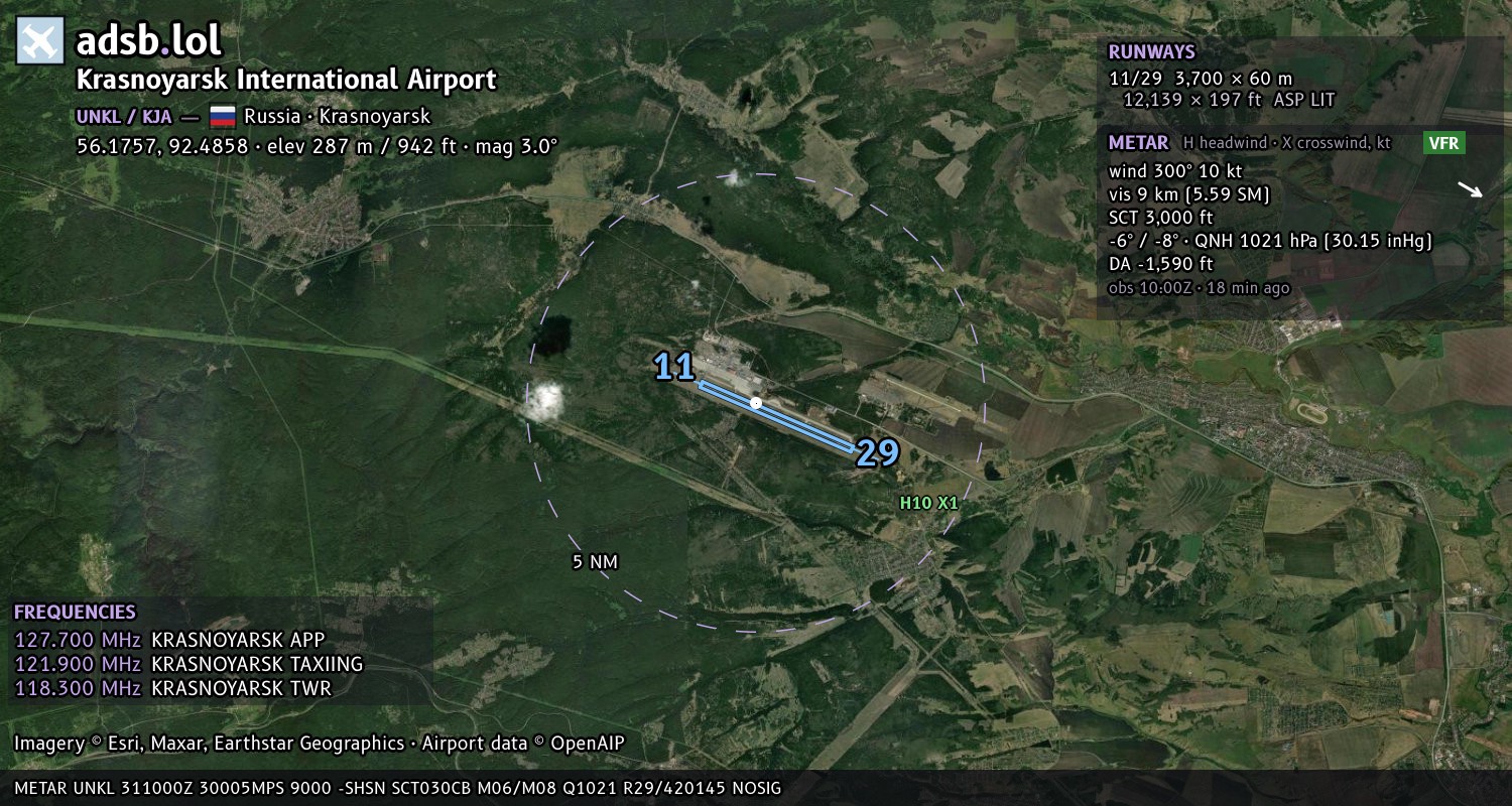 Satellite map with the runway layout of Krasnoyarsk International Airport (UNKL)
