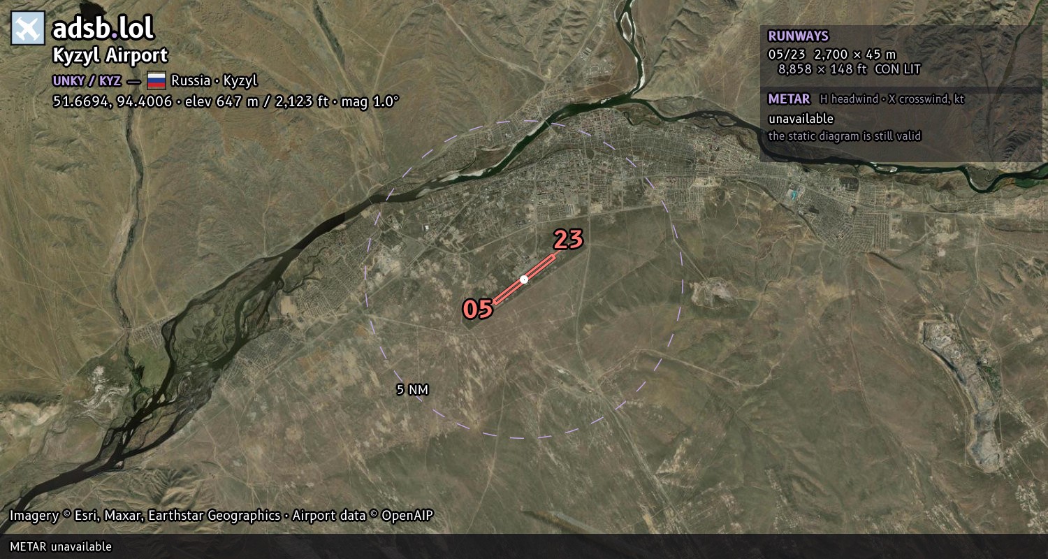 Satellite map with the runway layout of Kyzyl Airport (UNKY)