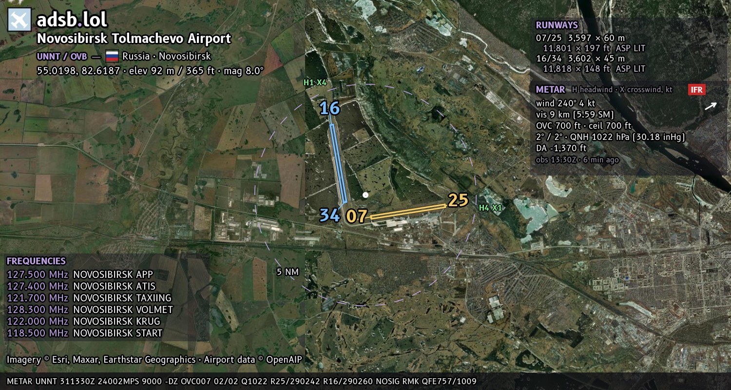Satellite map with the runway layout of Novosibirsk Tolmachevo Airport (UNNT)