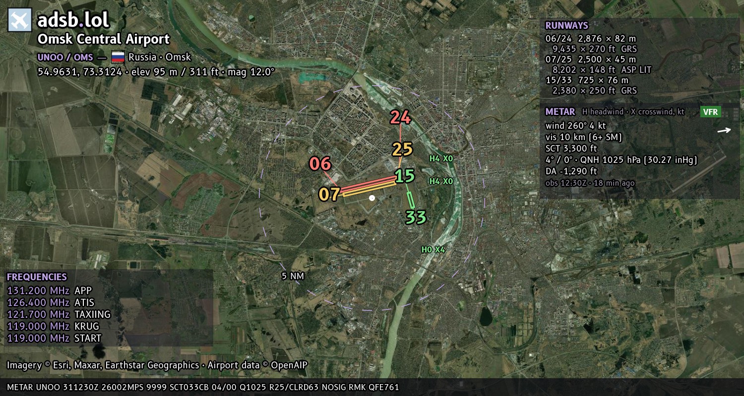 Satellite map with the runway layout of Omsk Central Airport (UNOO)