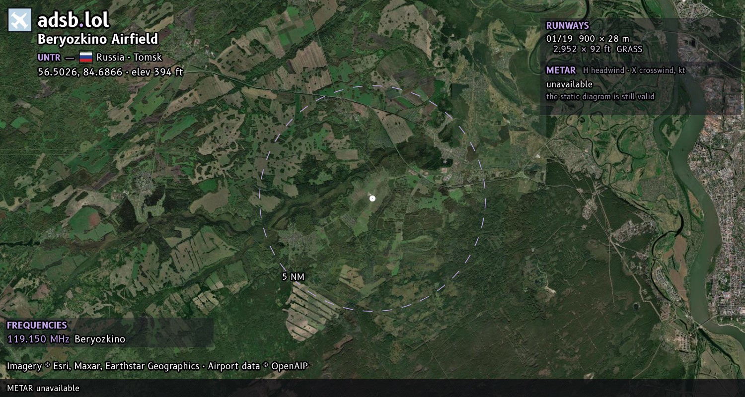 Satellite map with the runway layout of Beryozkino Airfield (UNTR)