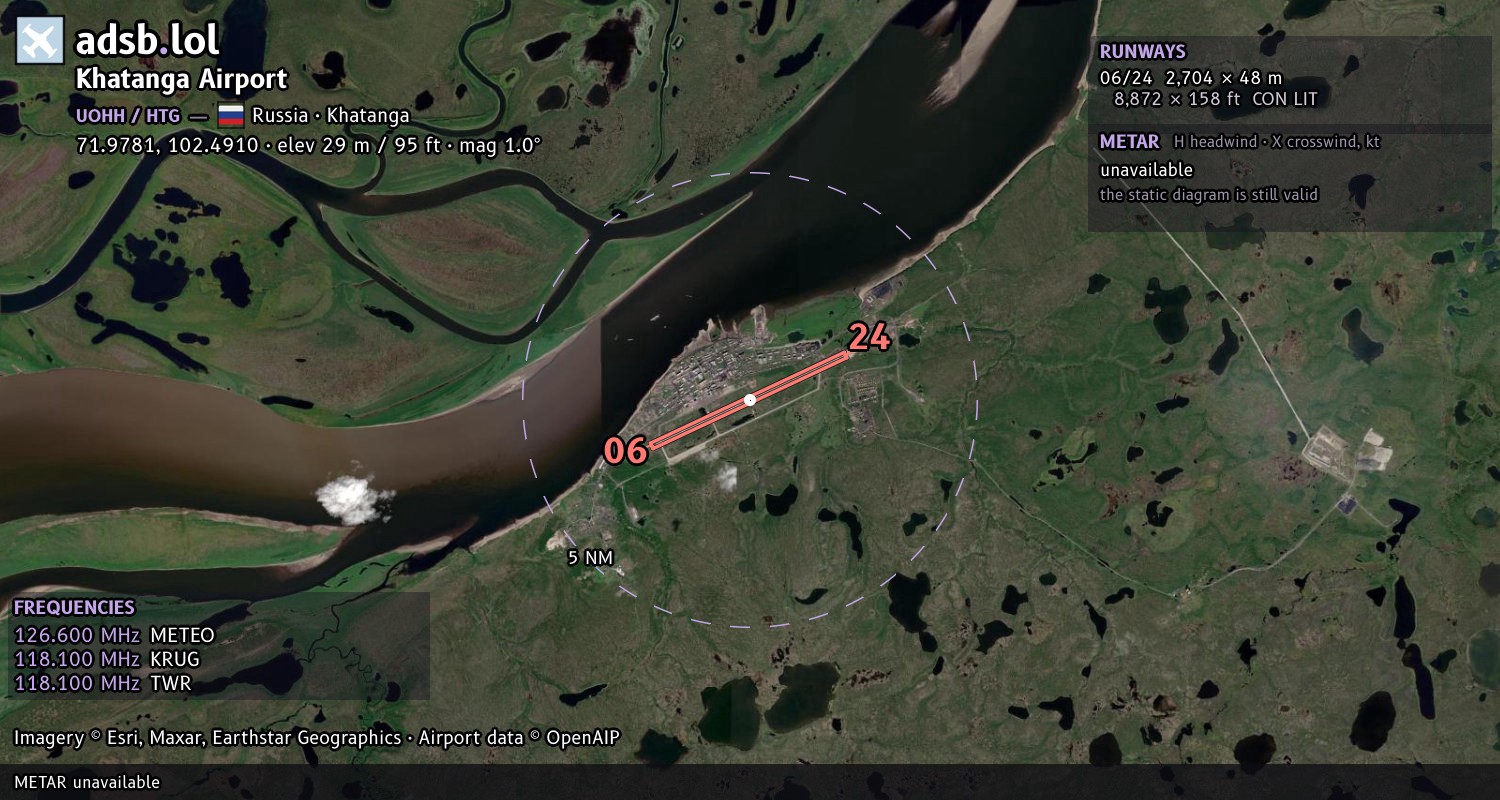Satellite map with the runway layout of Khatanga Airport (UOHH)
