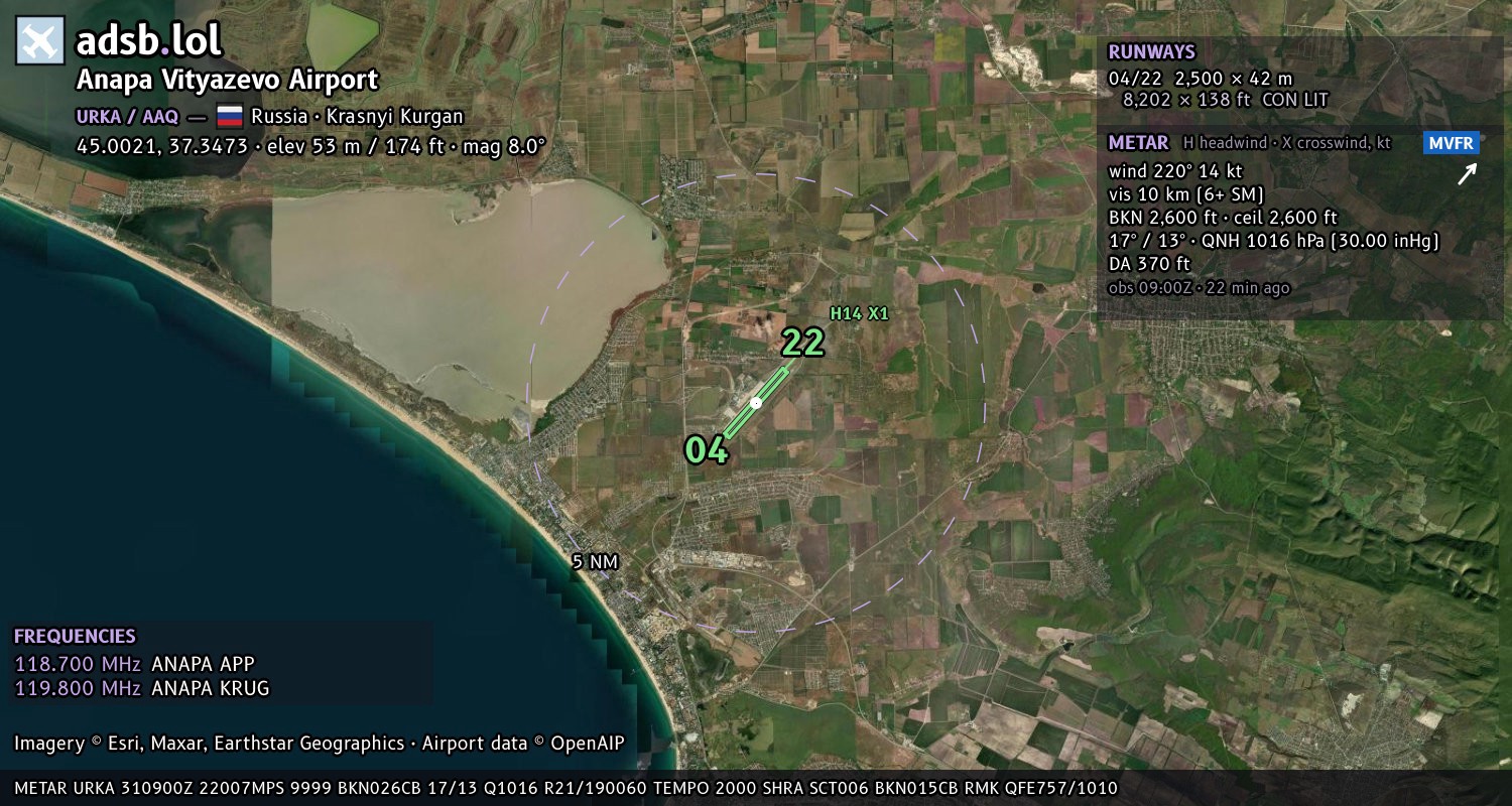 Satellite map with the runway layout of Anapa Vityazevo Airport (URKA)