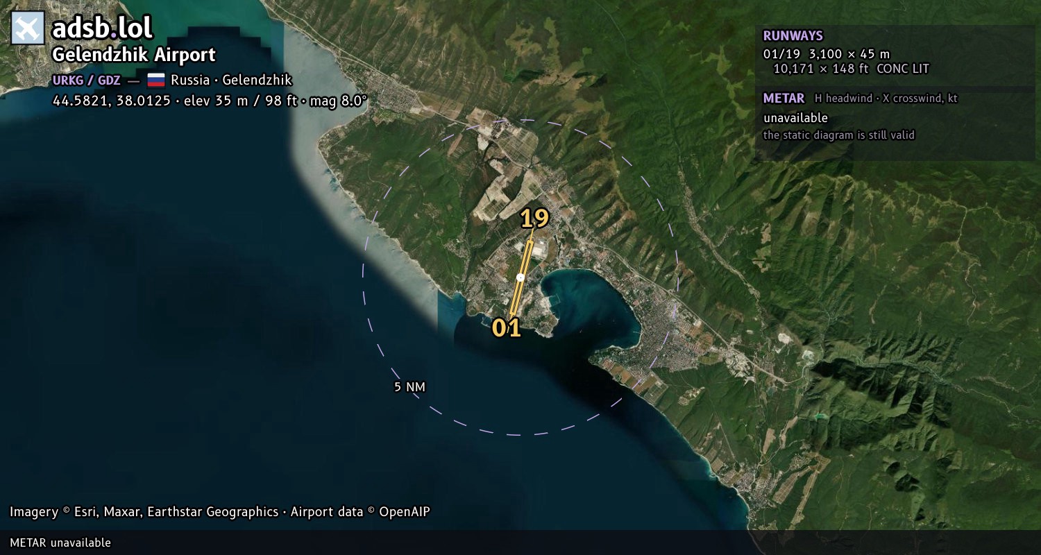 Satellite map with the runway layout of Gelendzhik Airport (URKG)