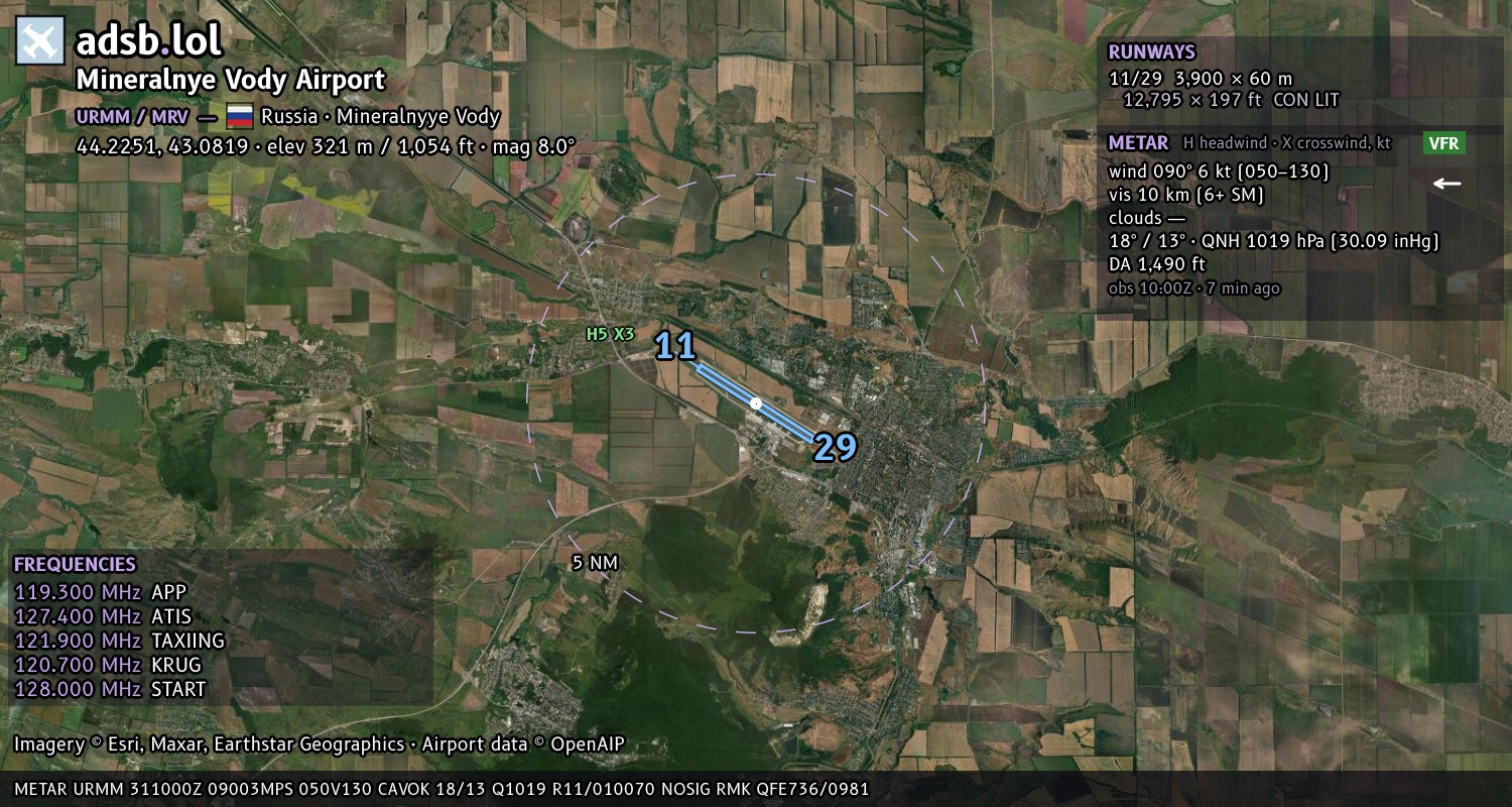Satellite map with the runway layout of Mineralnye Vody Airport (URMM)