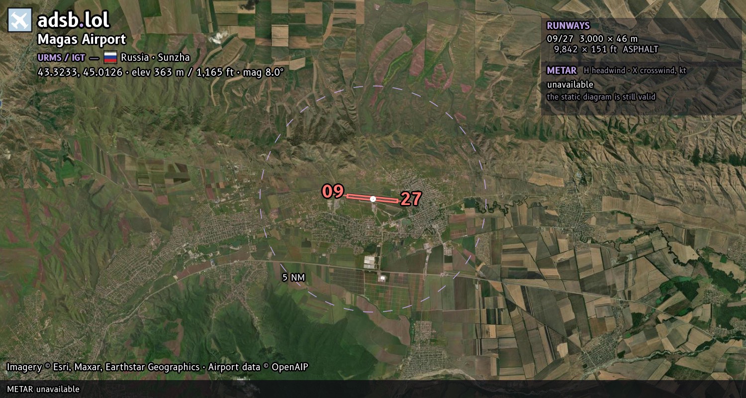 Satellite map with the runway layout of Magas Airport (URMS)
