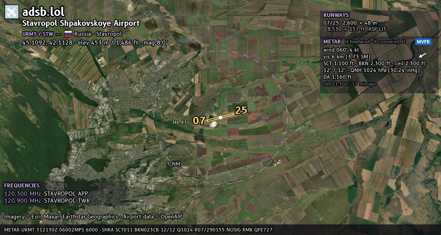 Satellite map with the runway layout of Stavropol Shpakovskoye Airport (URMT)