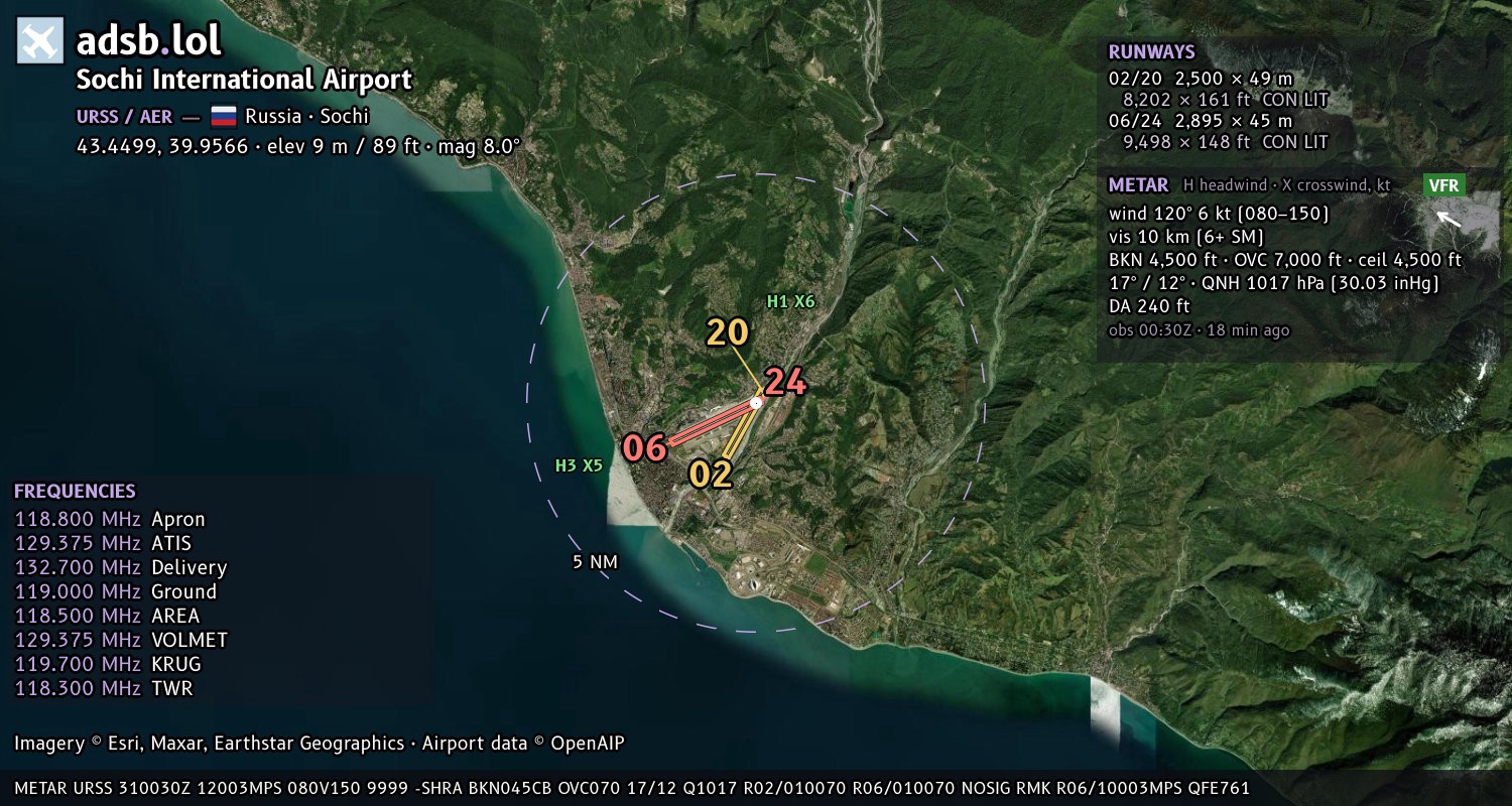 Satellite map with the runway layout of Sochi International Airport (URSS)
