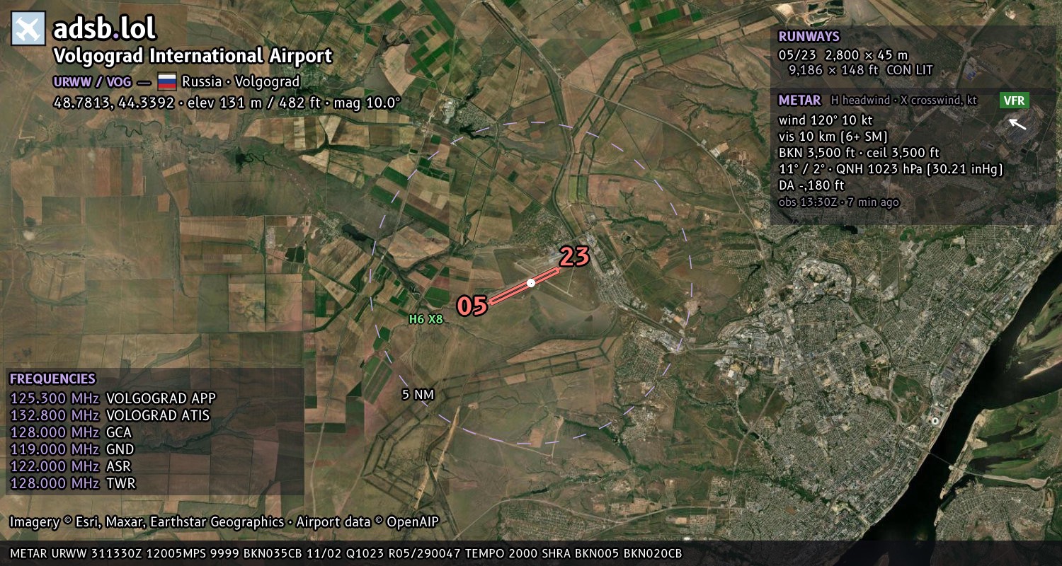 Satellite map with the runway layout of Volgograd International Airport (URWW)