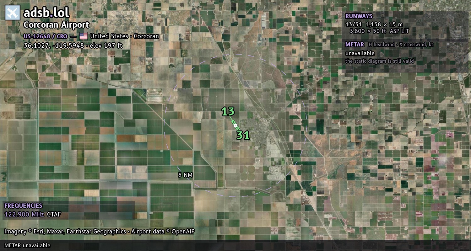 Satellite map with the runway layout of Corcoran Airport (US-12648)
