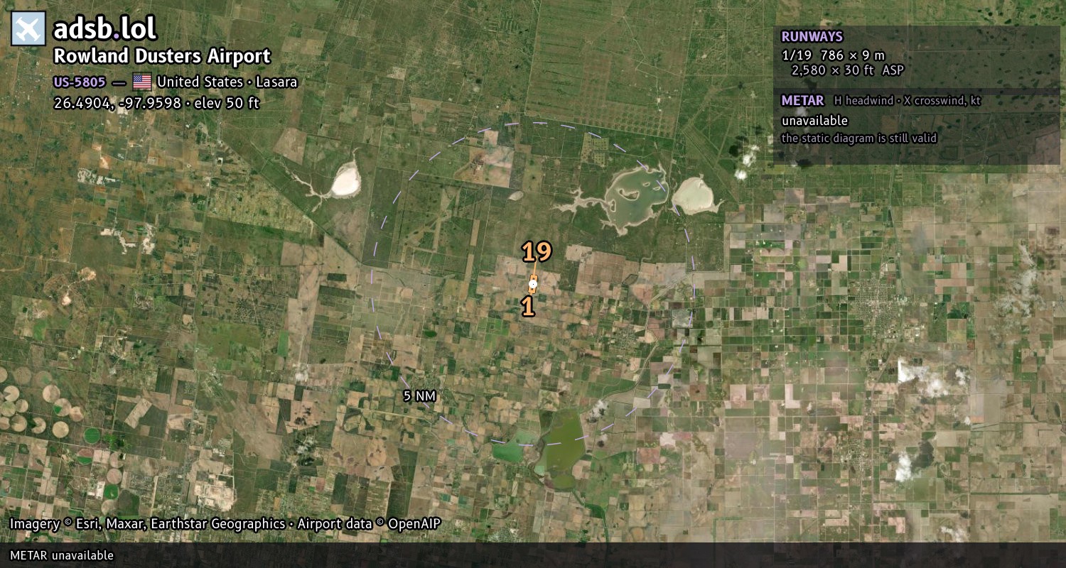 Satellite map with the runway layout of Rowland Dusters Airport (US-5805)