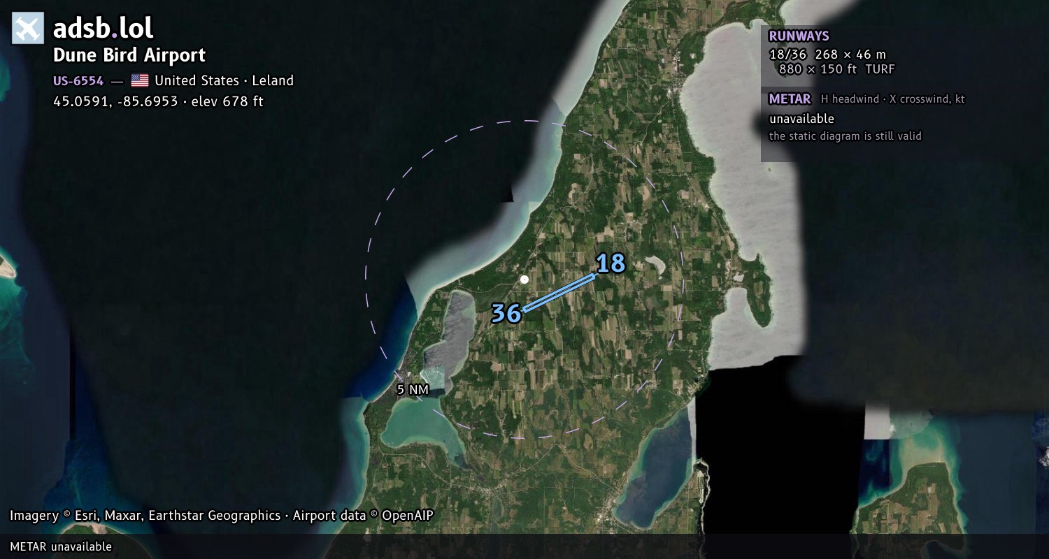 Satellite map with the runway layout of Dune Bird Airport (US-6554)