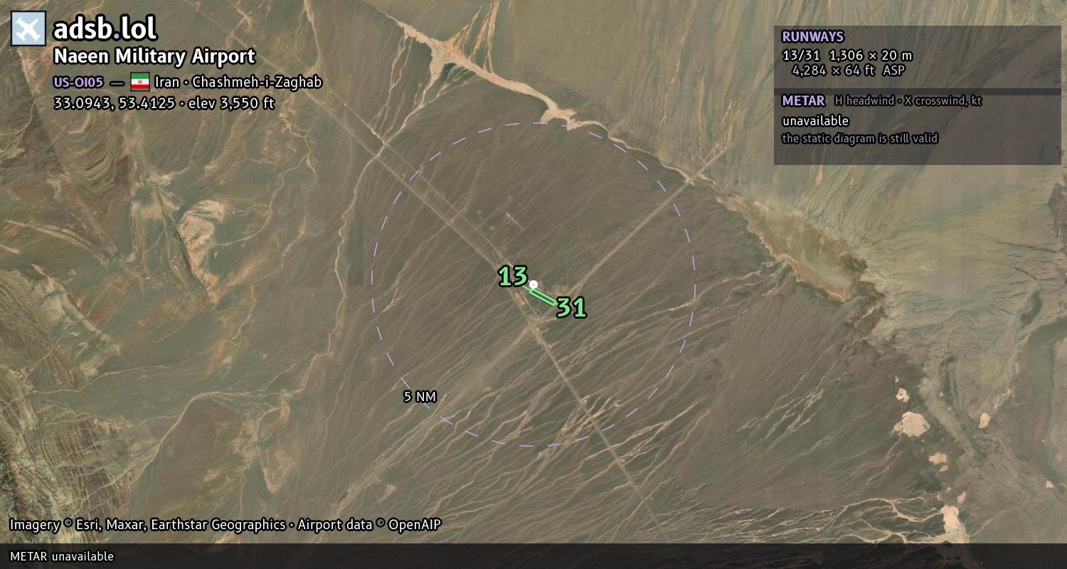 Satellite map with the runway layout of Naeen Military Airport (US-OI05)