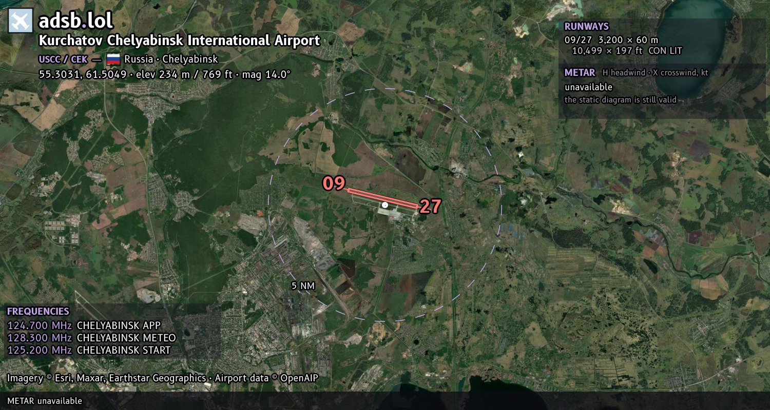 Satellite map with the runway layout of Kurchatov Chelyabinsk International Airport (USCC)