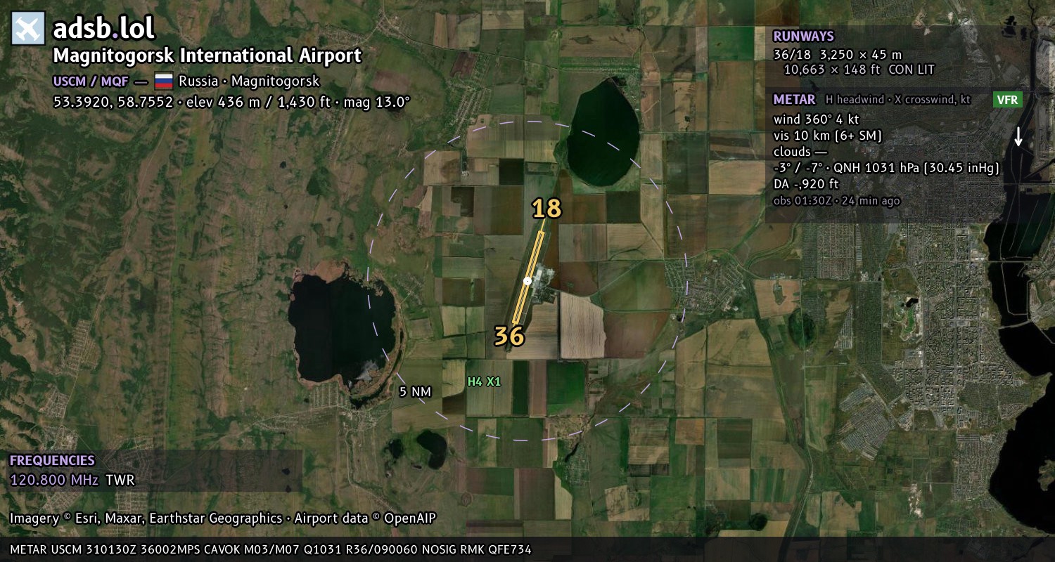 Satellite map with the runway layout of Magnitogorsk International Airport (USCM)