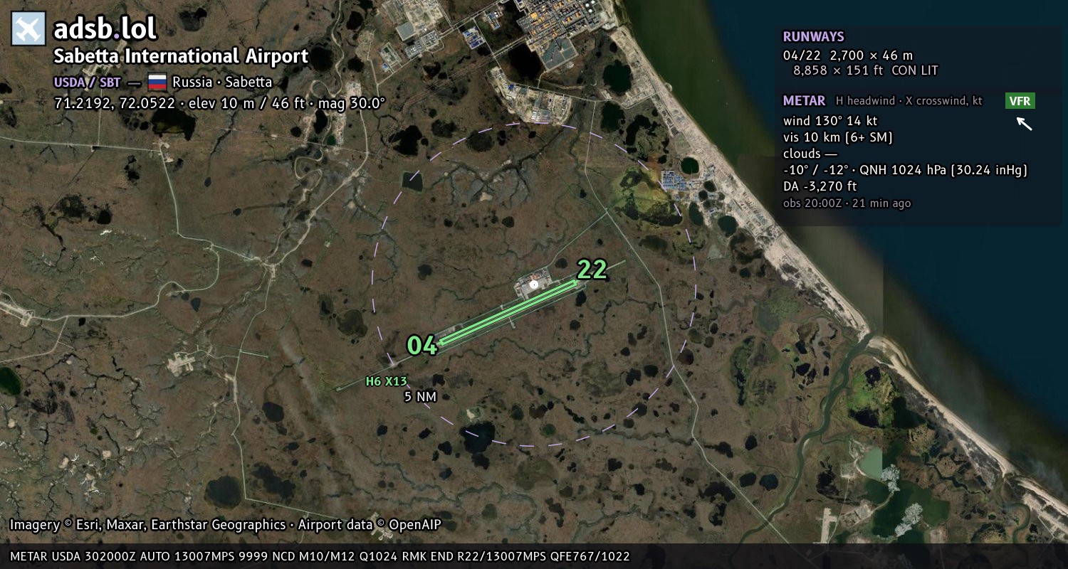 Satellite map with the runway layout of Sabetta International Airport (USDA)
