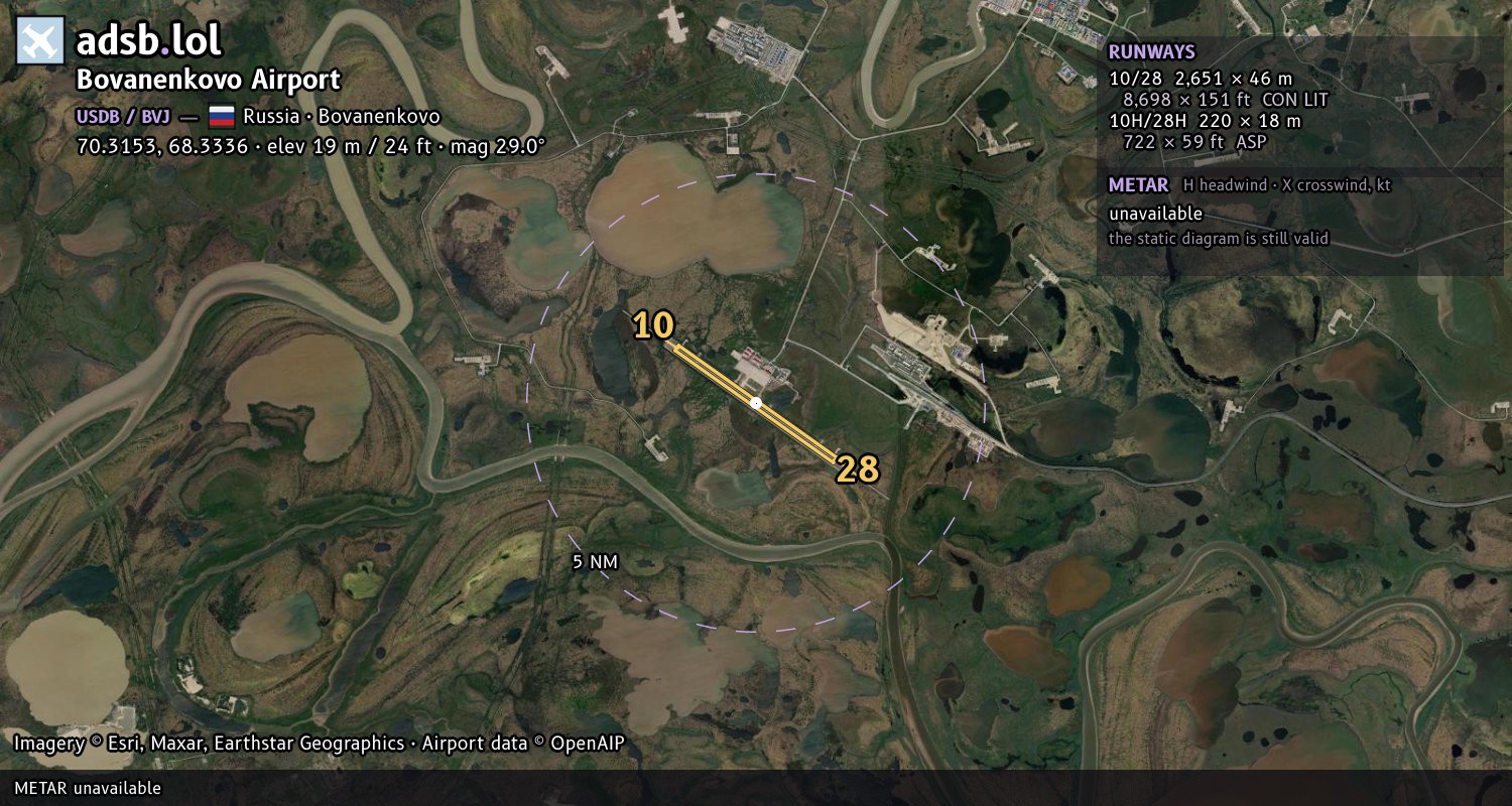 Satellite map with the runway layout of Bovanenkovo Airport (USDB)