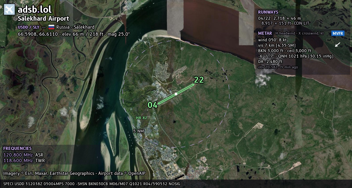 Satellite map with the runway layout of Salekhard Airport (USDD)