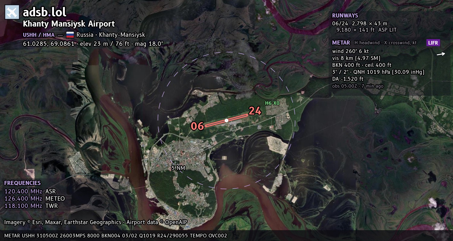 Satellite map with the runway layout of Khanty Mansiysk Airport (USHH)