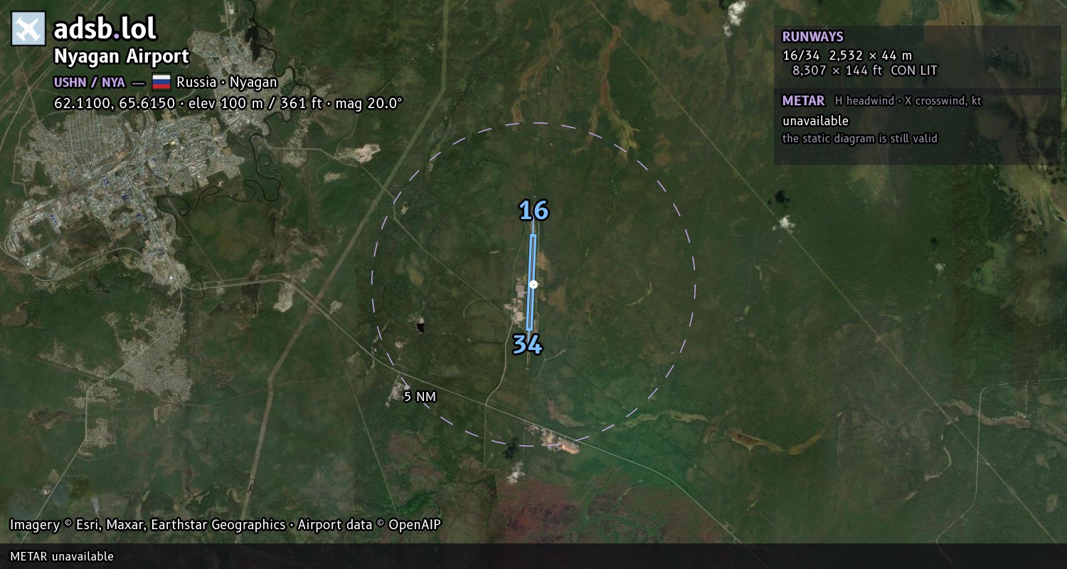 Satellite map with the runway layout of Nyagan Airport (USHN)