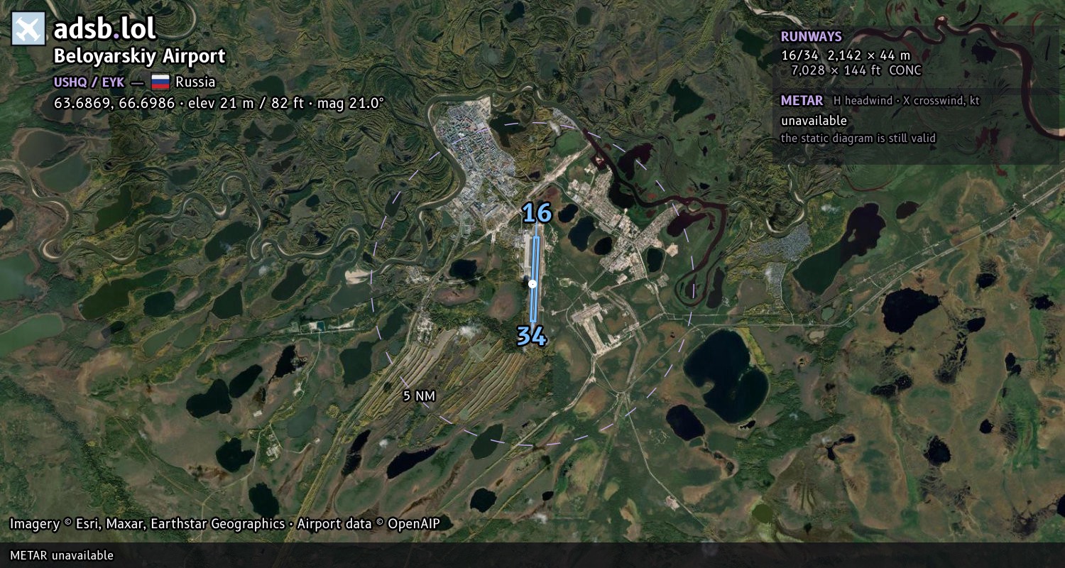 Satellite map with the runway layout of Beloyarskiy Airport (USHQ)