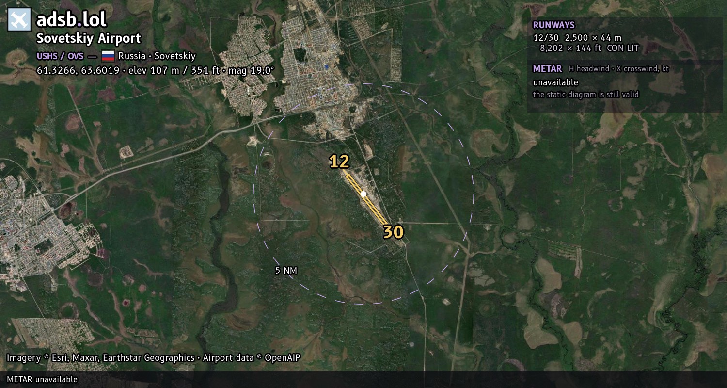 Satellite map with the runway layout of Sovetskiy Airport (USHS)