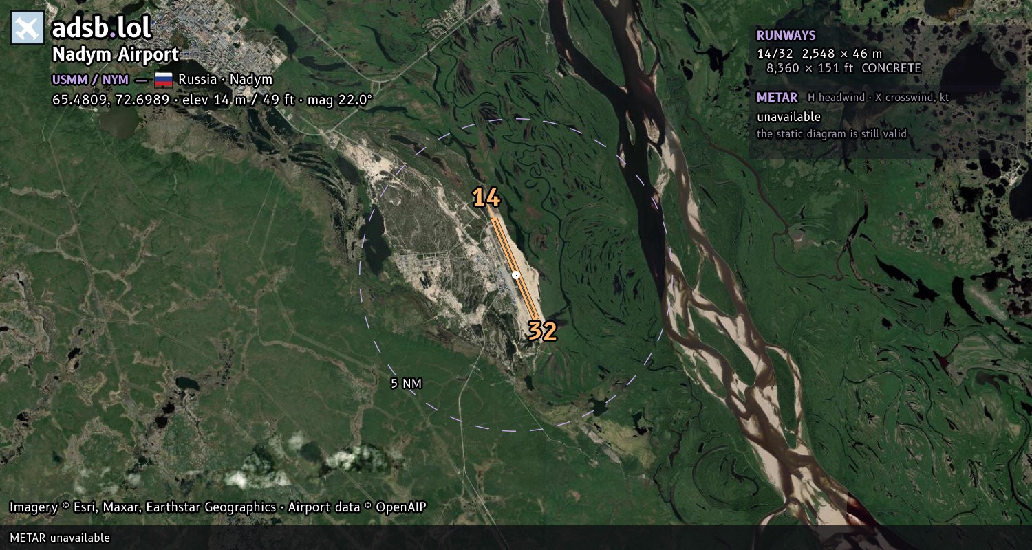 Satellite map with the runway layout of Nadym Airport (USMM)