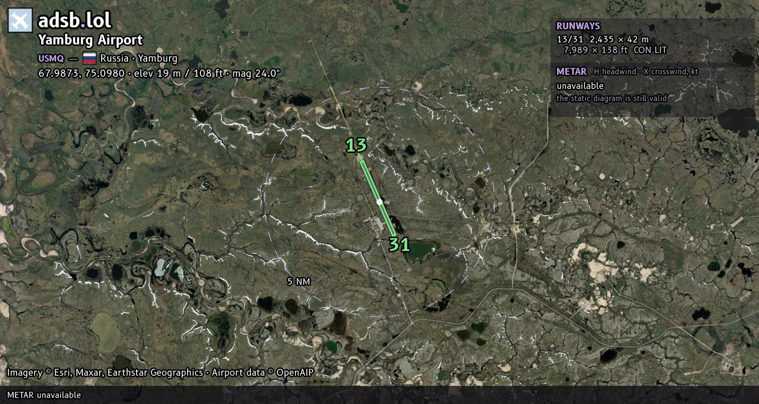 Satellite map with the runway layout of Yamburg Airport (USMQ)