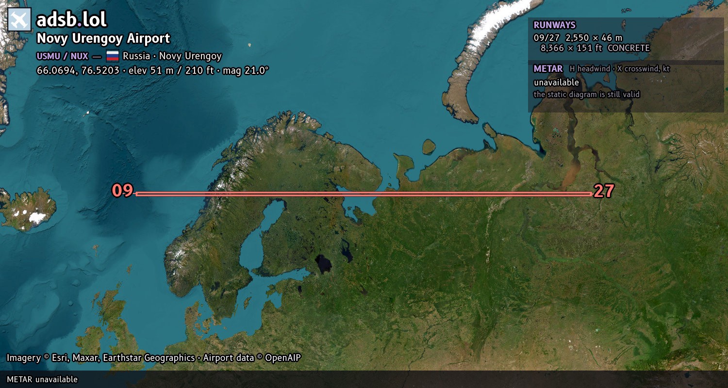 Satellite map with the runway layout of Novy Urengoy Airport (USMU)
