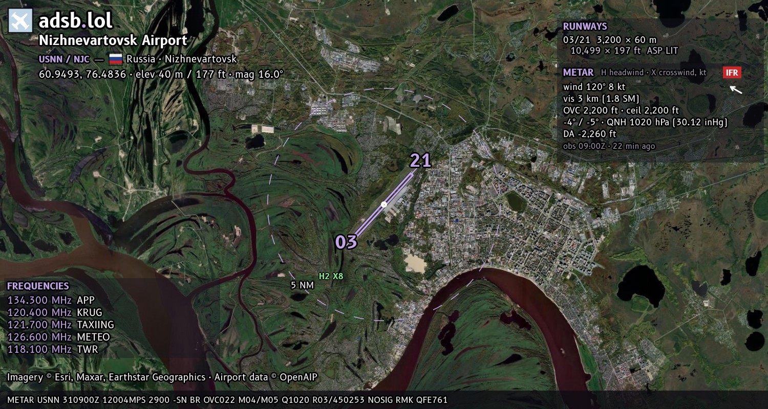 Satellite map with the runway layout of Nizhnevartovsk Airport (USNN)