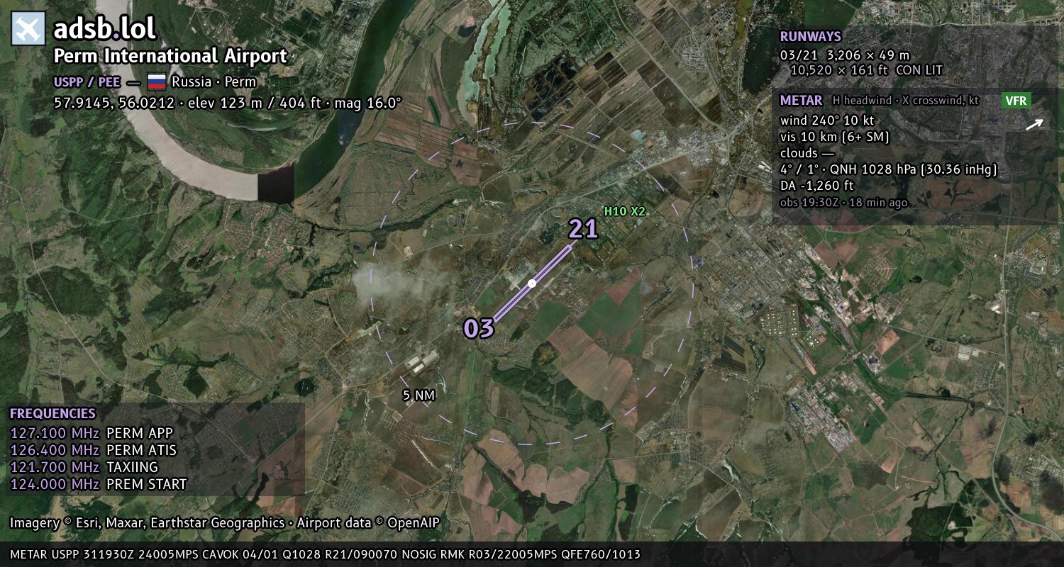 Satellite map with the runway layout of Perm International Airport (USPP)