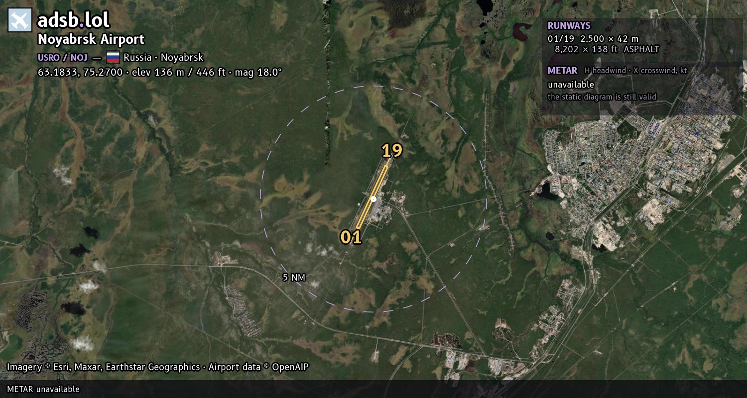 Satellite map with the runway layout of Noyabrsk Airport (USRO)