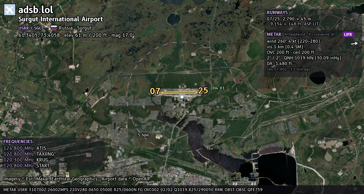 Satellite map with the runway layout of Surgut International Airport (USRR)