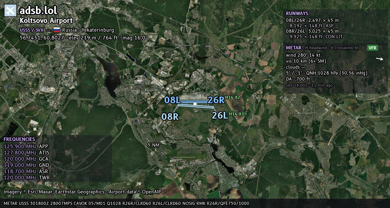 Satellite map with the runway layout of Koltsovo Airport (USSS)