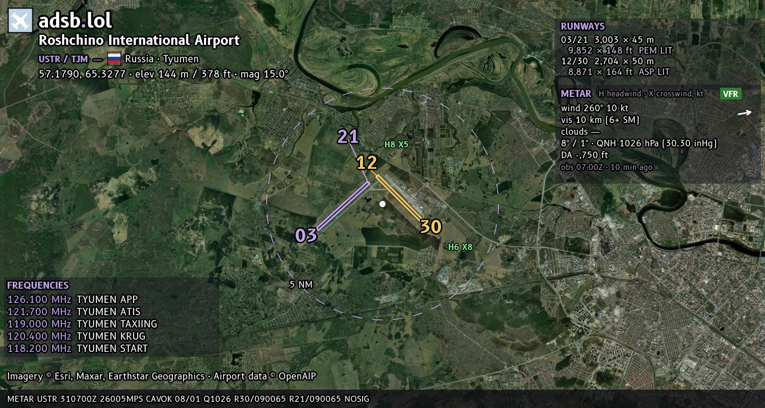 Satellite map with the runway layout of Roshchino International Airport (USTR)
