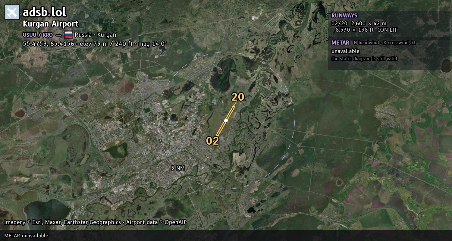 Satellite map with the runway layout of Kurgan Airport (USUU)