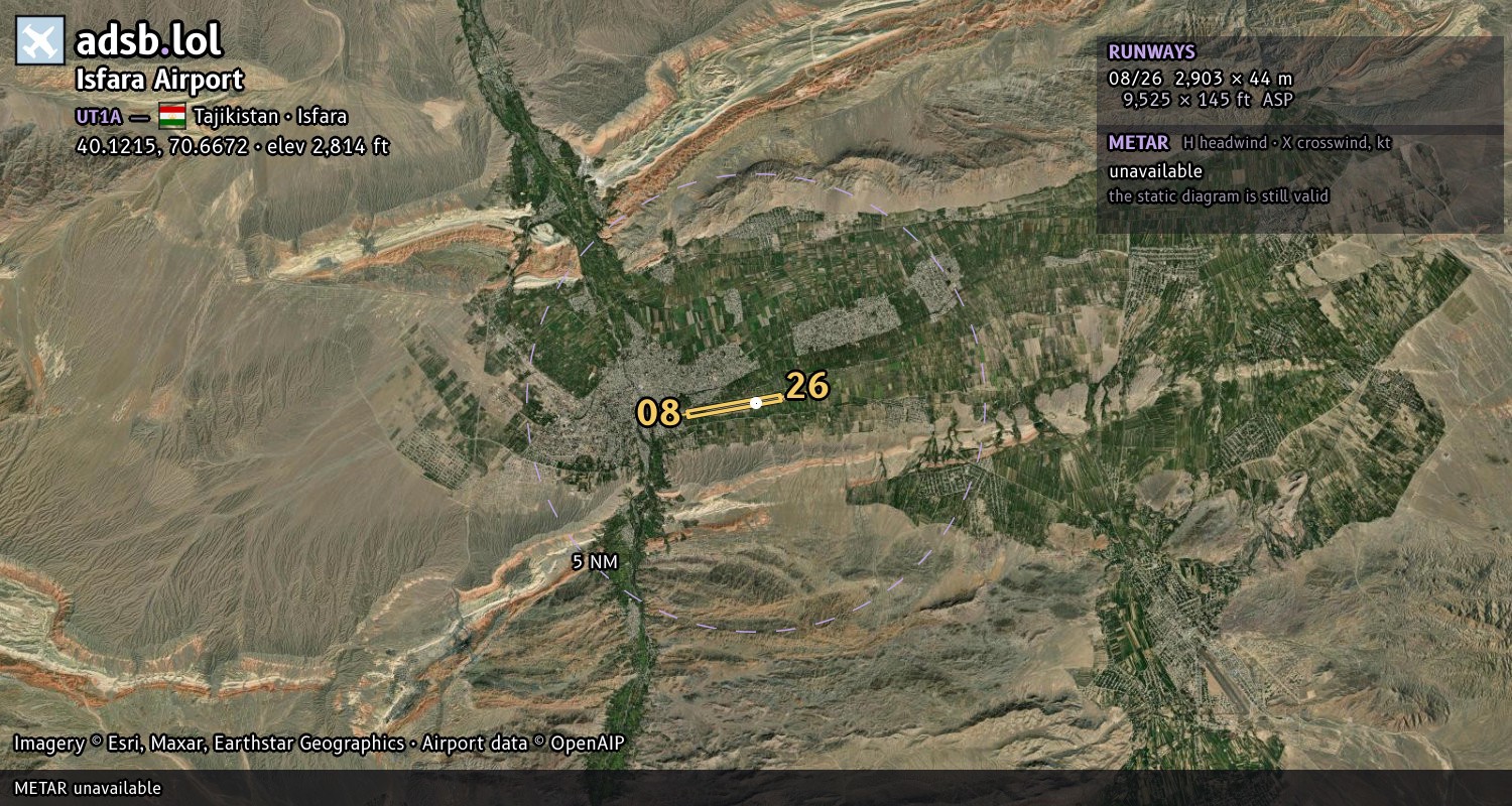 Satellite map with the runway layout of Isfara Airport (UT1A)