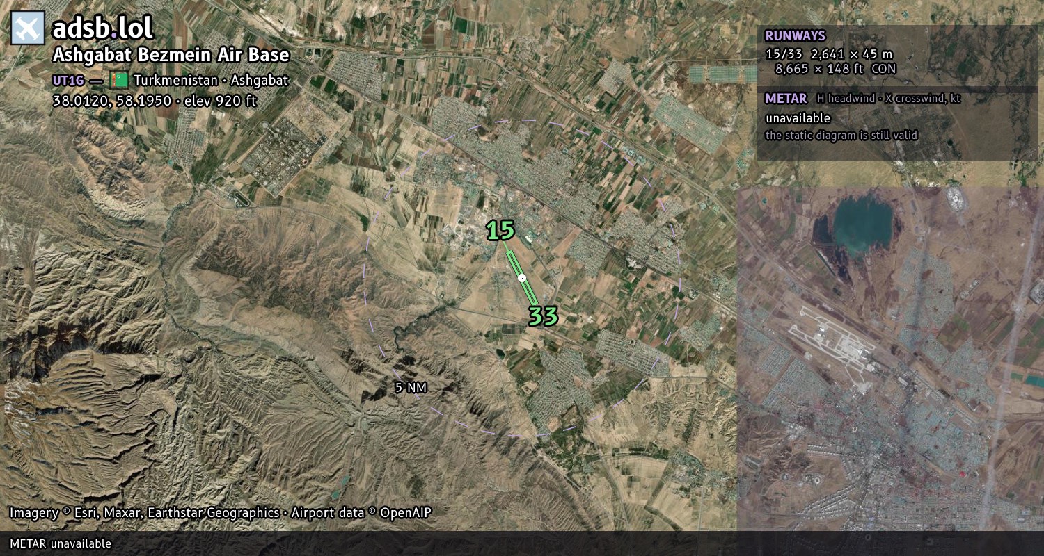 Satellite map with the runway layout of Ashgabat Bezmein Air Base (UT1G)