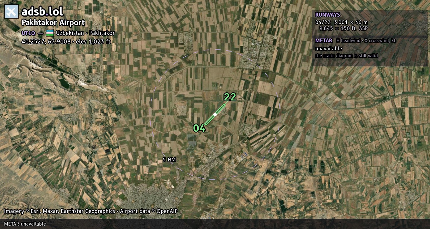 Satellite map with the runway layout of Pakhtakor Airport (UT1Q)